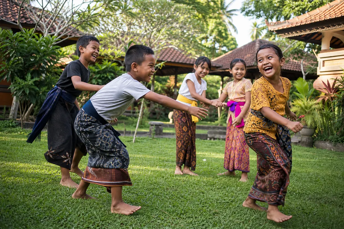 Balinese children playing in an orphanage courtyard